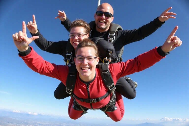 A group of skydivers in freefall, smiling and enjoying the adventure.