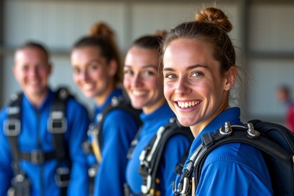 A group of happy skydivers preparing for a jump, wearing gear.