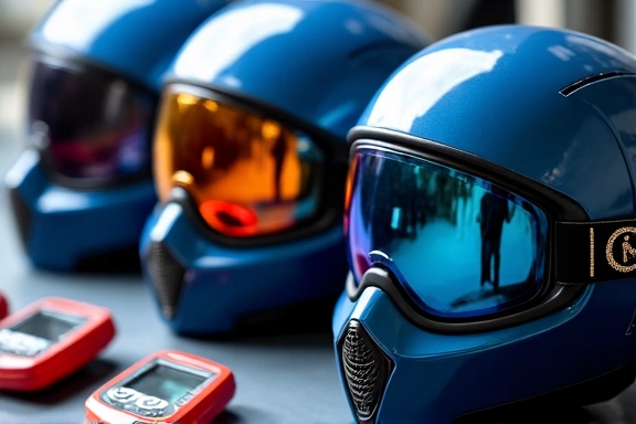 Close-up of cutting-edge skydiving safety equipment, including altimeters and helmets.