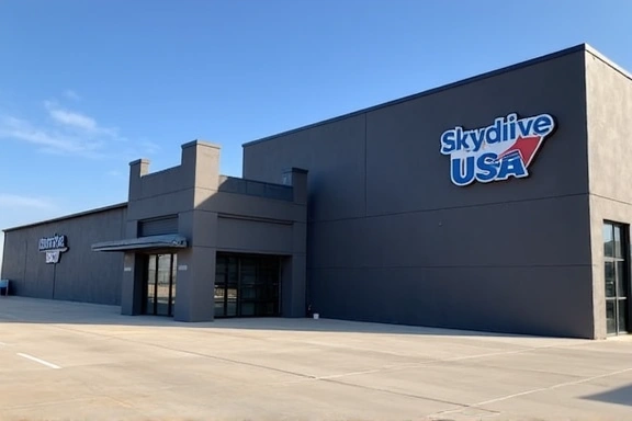 Exterior shot of the SkyDive USA main hangar and welcome center.