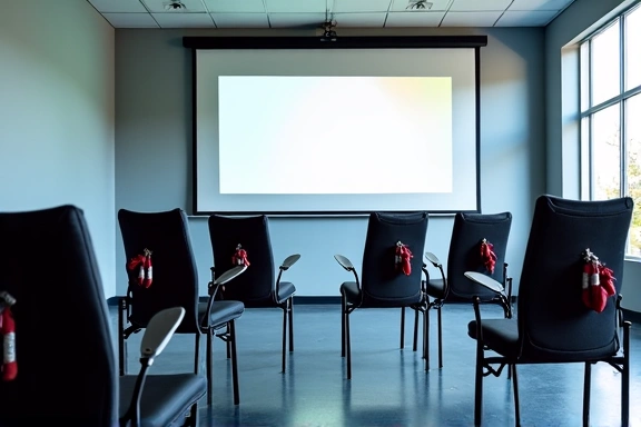 Modern classroom setup for skydiving ground school with training equipment.