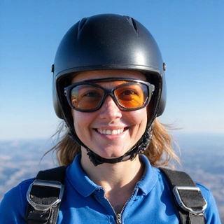 Professional portrait of skydiving instructor Sarah 'Airborne' Lee, smiling.