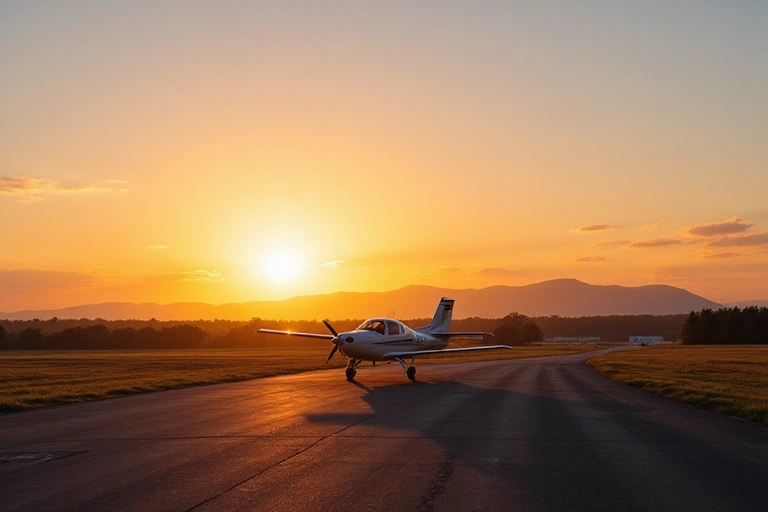 Scenic view of a skydiving dropzone at sunrise with an aircraft on the runway.