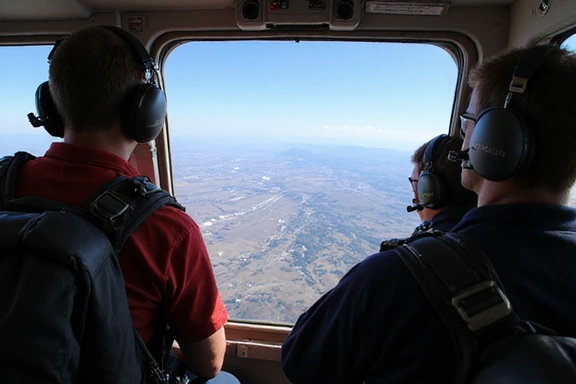 View from inside the jump plane with skydivers onboard, looking out.