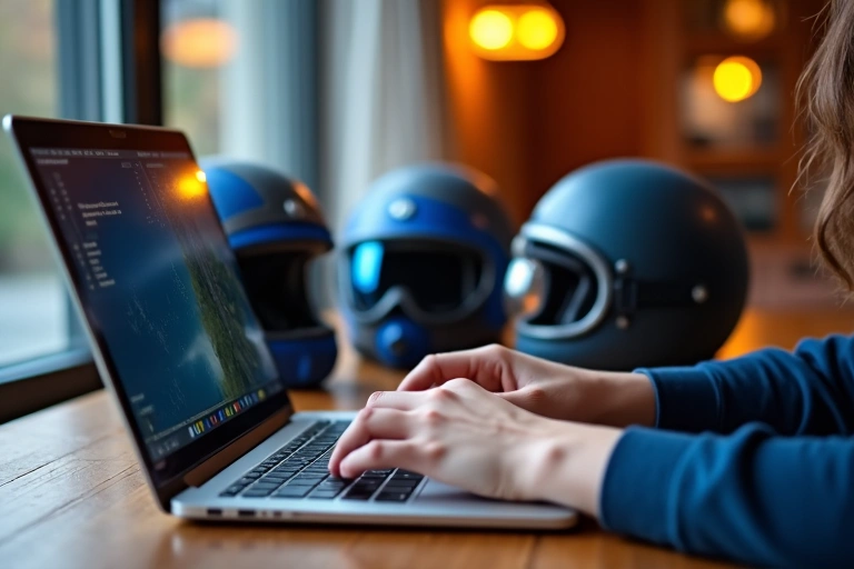 Blogger writing on a laptop with skydiving gear nearby