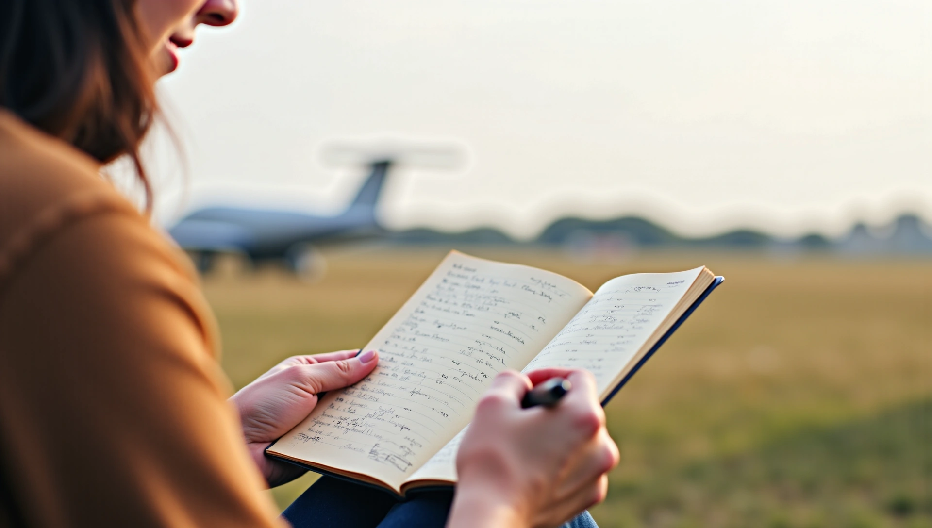 Person writing in a journal with an airfield view
