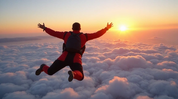 Skydiver soaring above clouds
