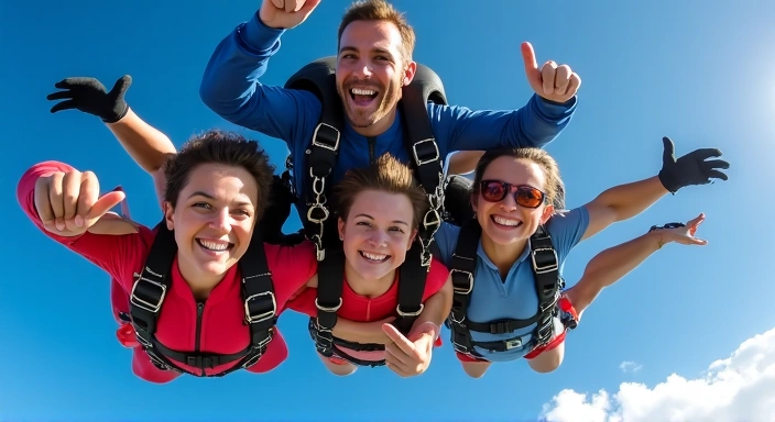 Diverse group of people skydiving, enjoying the experience with smiles, viewed from below with a clear blue sky