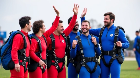 Group of skydivers celebrating after a successful jump