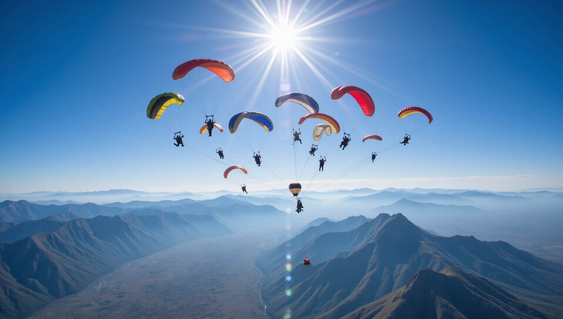 Large formation skydive over a scenic landscape