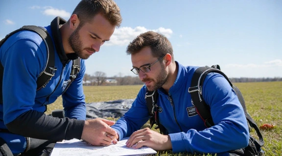 Skydiving coach giving instruction to a student