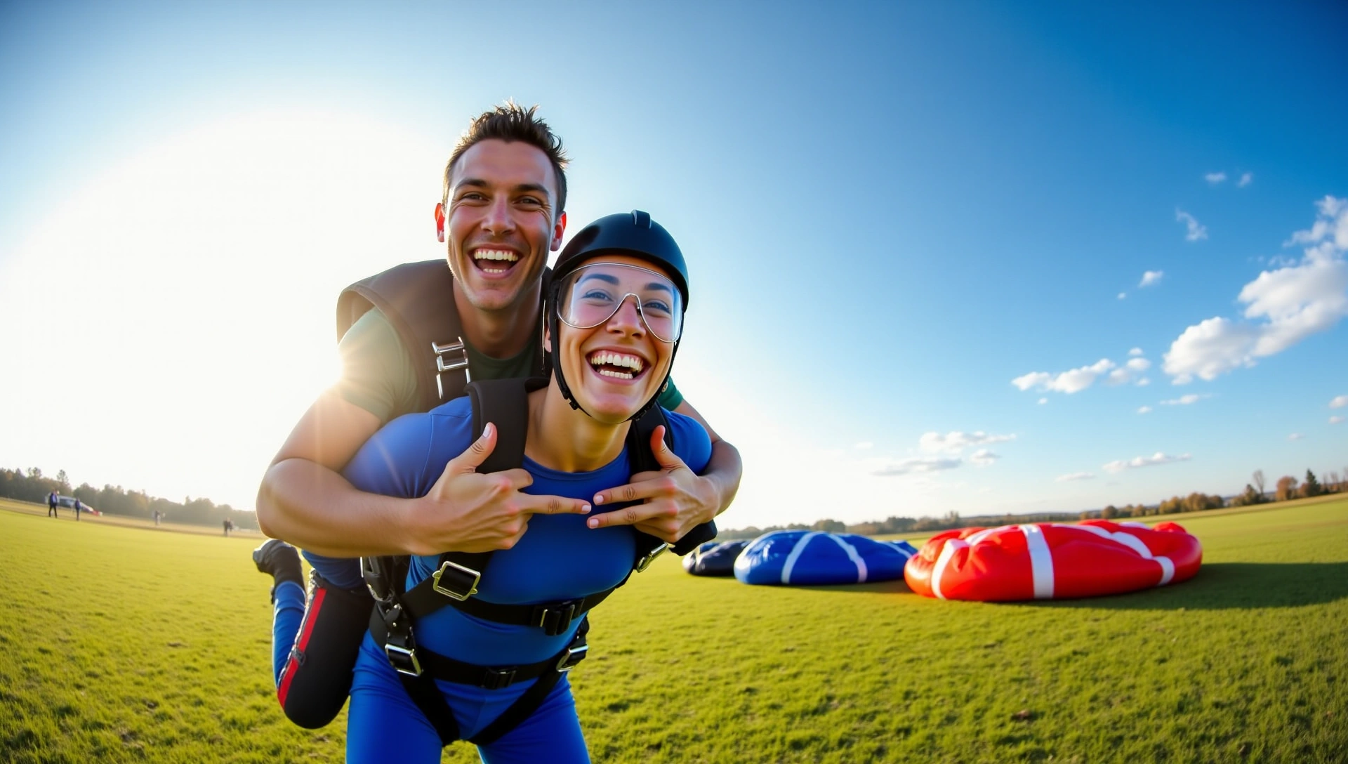 A smiling tandem pair after an exhilarating skydive, with parachutes in the background and a vast blue sky.