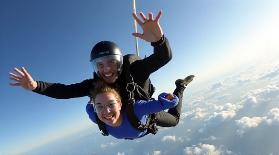 Independent camera flyer recording tandem skydivers