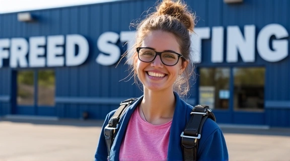 Person preparing for a skydive, looking excited