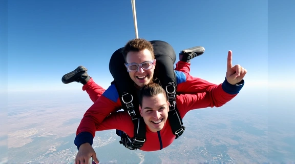 Tandem skydivers in freefall with a clear sky