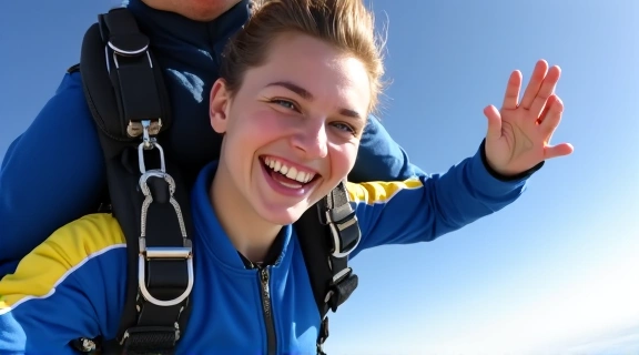 Tandem instructor with a hand-cam recording a skydiver