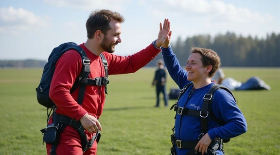 Tandem skydivers celebrating after a safe landing