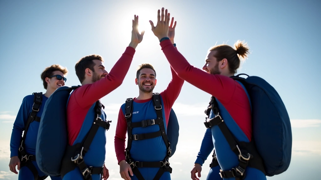 Group of skydivers celebrating after a successful jump, high-fiving and smiling.