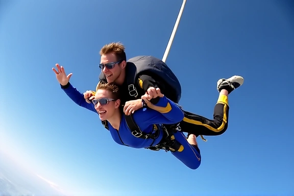 Group of experienced skydivers in a freefall formation, clear blue sky.