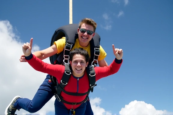 Student skydiver receiving instruction from an AFF instructor in the air.