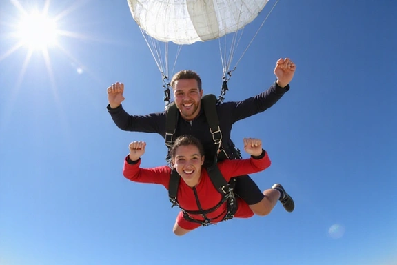 Two people in a tandem skydive, instructor behind student, mid-air with parachute deployed.