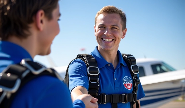 Skydiving instructor handshaking with a new student, symbolizing agreement